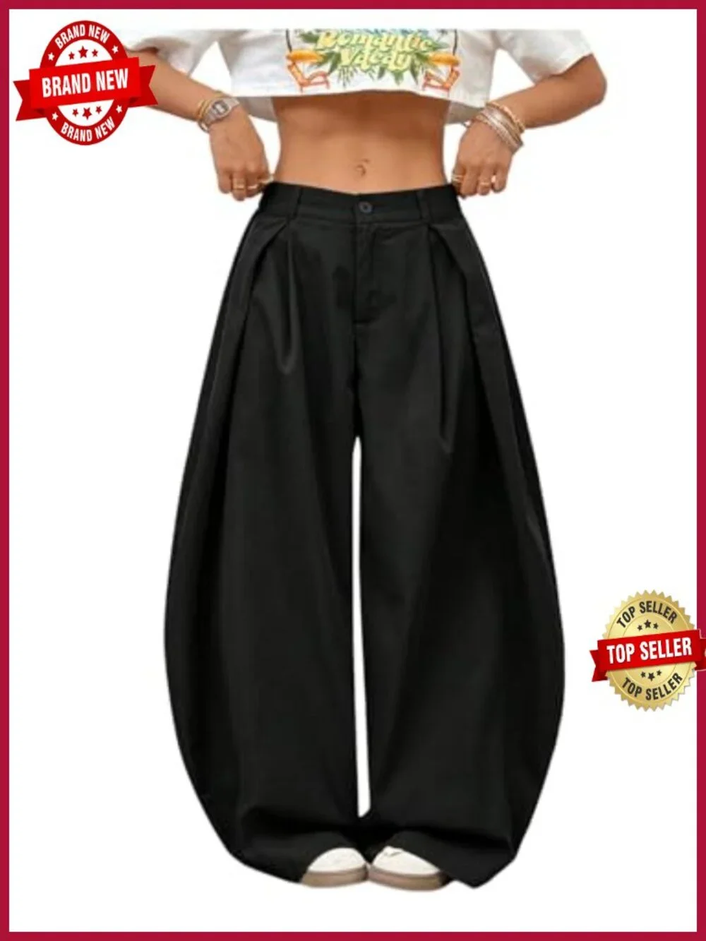 Women's Pleated Wide Leg Cargo Pants, High Waist Baggy Y2K Trousers, Business